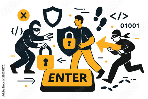 Cybersecurity Battle Scene. ENTER to Cybersecurity. Locks and shields protecting data, hackers trying to breach the system, digital footprints and coding