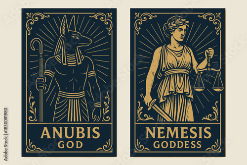 Mythological Banners Design. Greek Mythology. Two vertical A6 banners with safe margins, centered composition, no elements touching edges, bold, navy and gold,