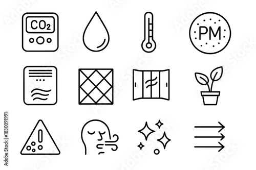Indoor Air Icon Set. Indoor Air Quality. Line icon set of Indoor Air Quality: CO2 monitor, humidity droplet, thermometer, particulate PM badge, air purifier,