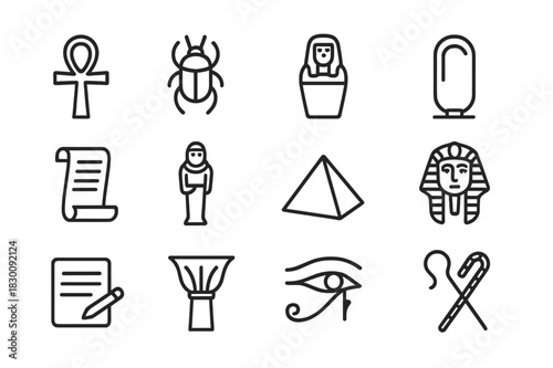 Egyptian Relic Icons. Egyptian relics. Line icon set of Egyptian relics: ankh, scarab, canopic jar, cartouche, papyrus, ushabti, pyramid model, pharaoh mask,