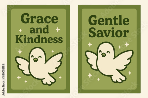 Graceful Banner Design. Grace. Two vertical A6 banners with safe margins, centered composition, no elements touching edges, kawaii, olive green and cream,