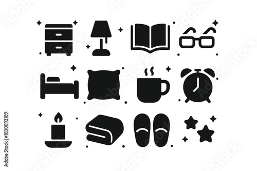 Bedtime Reading Icons. Reading Before Bed. Solid icons set of Reading Before Bed: nightstand, lamp, book, glasses, bed, pillow, mug, alarm clock, candle,
