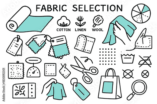 Fabric Selection Fun. // Fabric selection. Hand-drawn doodle illustration fabric selection [bolt of fabric (accented), swatch book (accented), fiber icons,