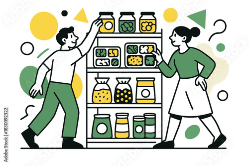 Sustainable Food Rationing. Rationing Food. Shelves stocked with pre-portioned food items and floating abstract geometric shapes, organized and sustainable