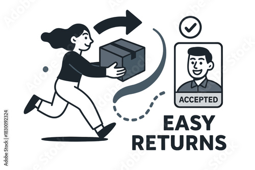 Easy Returns Icon. Shopping Habits ? Easy Returns. A box icon unfolds into a curved arrow; a smiling clerk card confirms ?accepted?. Dotted steps show return