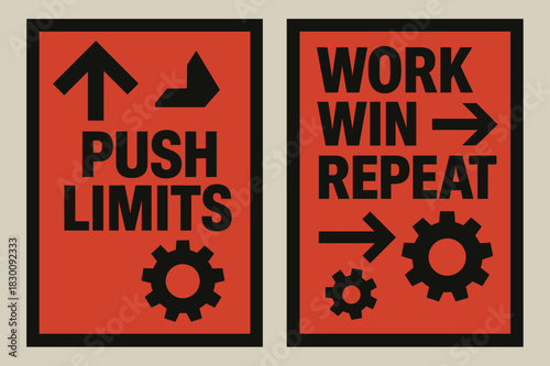 Brutalist Banner Design. Push limits. Two vertical A6 banners with safe margins, centered composition, no elements touching edges, brutalist, black and red,