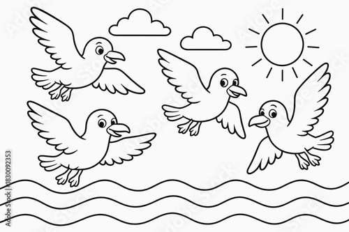 Seagulls Coloring Fun. Seabirds children?s coloring book illustration, outlined drawing, a group of friendly cartoon seagulls flying above gentle ocean waves