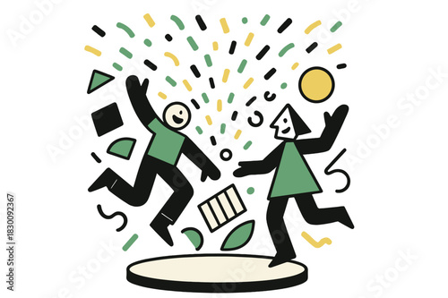 Confetti Festivity Scene. Confetti Explosion. Colorful confetti raining over a stage with floating abstract geometric shapes and soft highlights, festive and