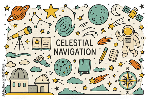 Celestial Exploration Doodles. Celestial navigation. Hand-drawn doodle illustration constellations (colored), stars (colored), planets (colored),