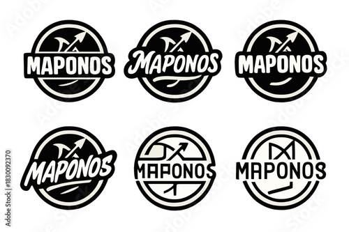 Maponos Emblem Variations. Emblem of Maponos. Set lettering. harmonious lettering variations of the same emblematic concept, each with different artistic