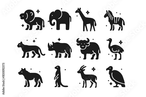 Savanna Animals Icons. Savanna Animals. Solid icons set of Savanna Animals: lion, elephant, giraffe, zebra, cheetah, rhino, buffalo, ostrich, hyena, meerkat,