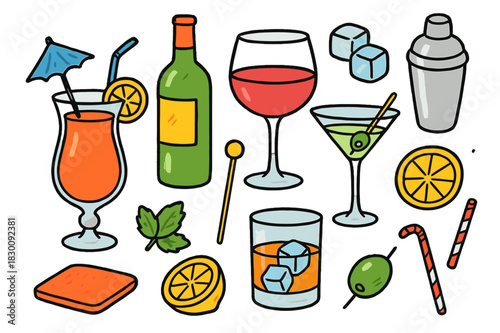 Colorful Drink Doodles. sophisticated drinks. Colorful Hand-drawn doodle Children illustration sophisticated drinks cocktail glass, wine glass, martini,