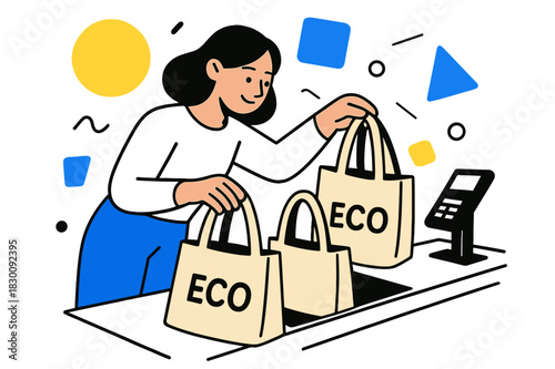 Eco-Friendly Shopping. Eco-Friendly Shopping Hauls. Shopper organizing reusable bags at checkout with floating abstract geometric shapes, eco-conscious and