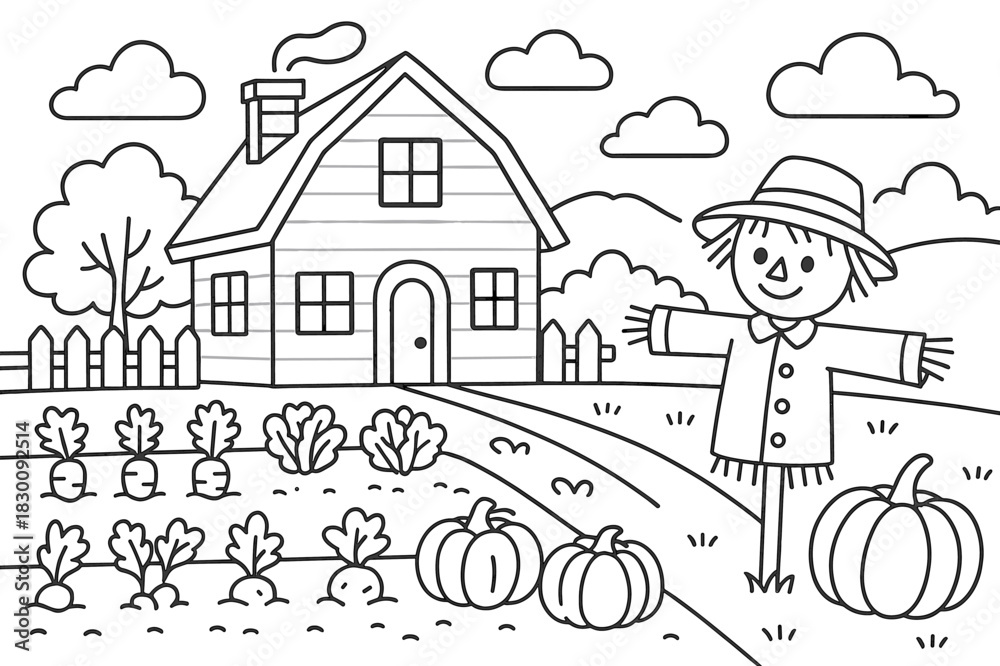 Fototapeta premium Farmhouse Coloring Page. Country farmhouse garden children?s coloring book illustration, outlined drawing, farmhouse with vegetable garden and scarecrow,
