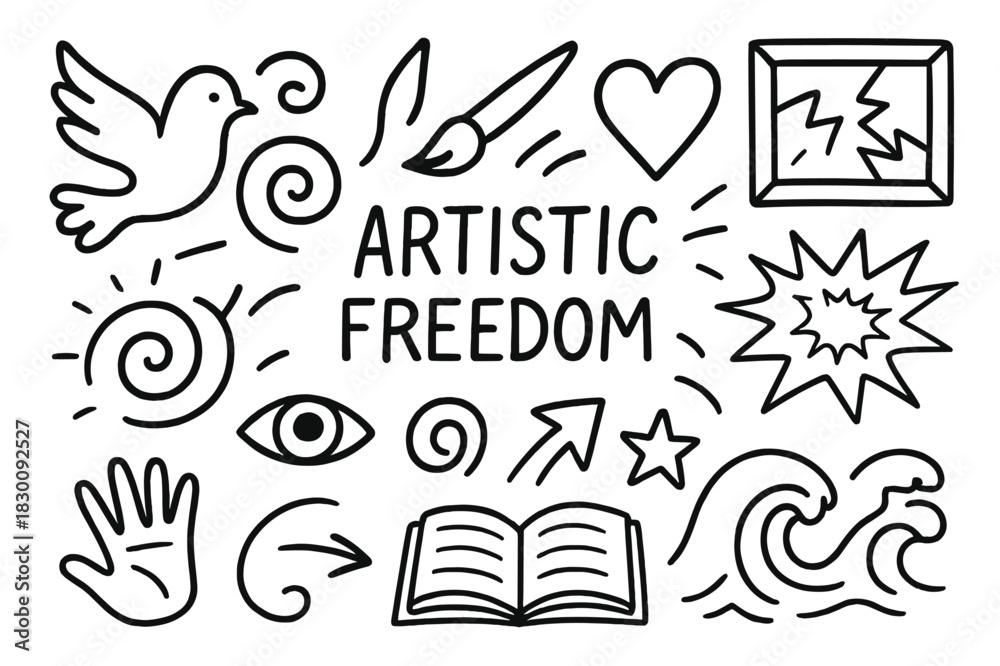Fototapeta premium Artistic Freedom Doodles. Artistic freedom. Hand-drawn doodle illustration artistic freedom bird, wings, brush, swirl, broken frame, heart, explosion, wave,