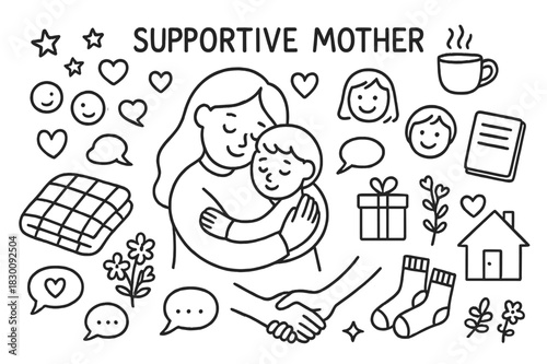 Cozy Motherly Love. Supportive Mother. Hand-drawn doodle illustration Supportive Mother mother hugging child, heart, smiling faces, cup of tea, notebook,