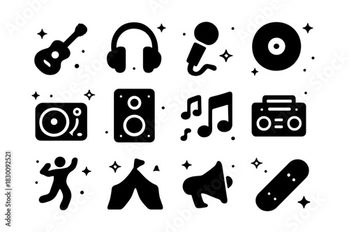 Cultural Rhythm Icons. Cultural Rhythm. Solid icons set of Cultural Rhythm: guitar, headphones, microphone, vinyl record, DJ turntable, speaker, music notes,