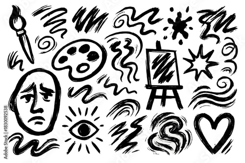 Expressionist Doodle Icons. Wild brush strokes (expressionism). Hand-drawn doodle illustration wild brush strokes (expressionism) paintbrush, palette, canvas,