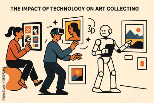 Tech and Art Fusion. The impact of technology on art collecting. A person browsing art pieces on a tablet, a virtual reality headset allowing collectors to