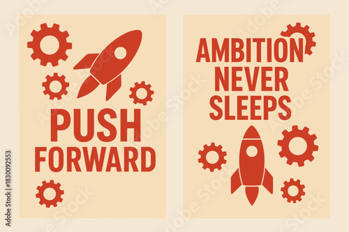 Ambition Banners. Push forward. Two vertical A6 banners with safe margins, centered composition, no elements touching edges, flat vector design, red and beige,