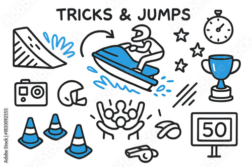 Doodle Water Sports Highlights. // Tricks & jumps. Hand-drawn doodle illustration Tricks & jumps [ramp wake (accented), airborne jet ski (accented), splash