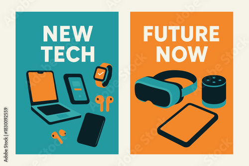 New Tech Banners. LATEST. Two vertical A6 banners with safe margins, centered composition, no elements touching edges, flat vector design, turquoise and