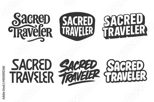 Sacred Traveler Typography. Sacred Traveler. Set lettering. harmonious lettering variations of the same emblematic concept (Whimsical curly type with