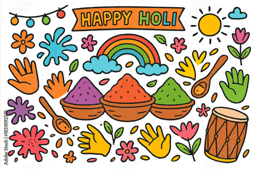 Colorful Holi Festival Icons. vibrant Holi powders. Colorful Hand-drawn doodle Children illustration vibrant Holi powders bowls, bright powders, hands, spoon,
