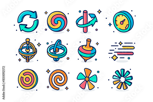 Colorful Motion Symbols. spinning motion symbols. Colorful isometric vector icons set of spinning motion symbols: circular arrows, swirl icon, rotation axis,