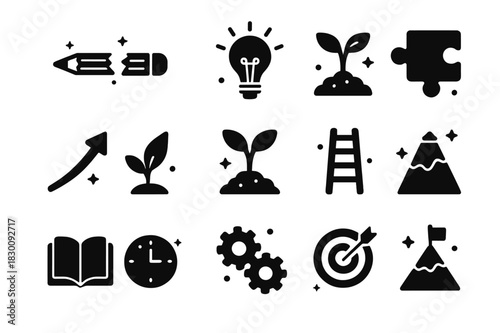 Embracing Growth Icons. Learning from Mistakes. Solid icons set of Learning from Mistakes: broken pencil, light bulb, plant sprout, upward arrow, seedling,