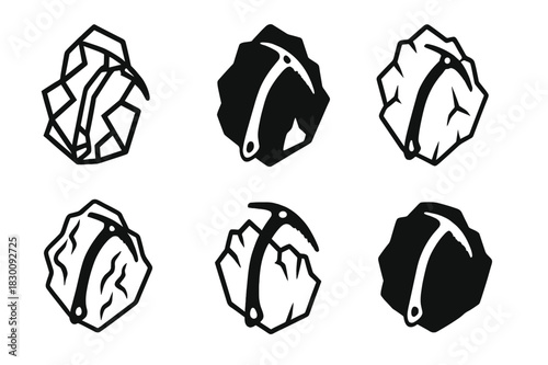 Ice Climbing Logos. Ice climbing. Set Logo of Ice climbing: ice axe on frozen wall. harmonious logo variations of the same emblematic concept, each with