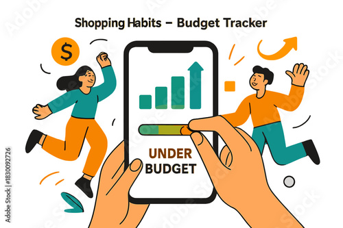 Budget Tracker Interface. Shopping Habits ? Budget Tracker. Hands adjust a tidy slider on a phone; bars rise and settle with a soft glow. Caption ?under