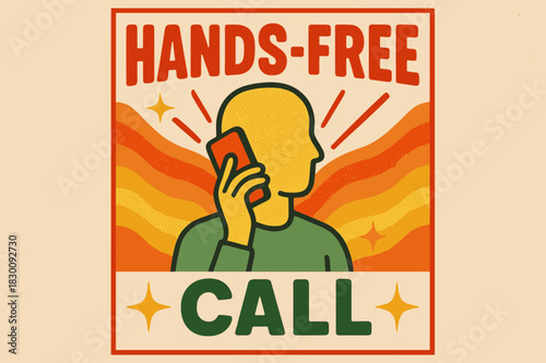 Retro Hands-Free Call Poster. Retro Poster ? "Hands-Free Call" in bold rounded font, centered layout with halftone wave textures and radiating lines, textured