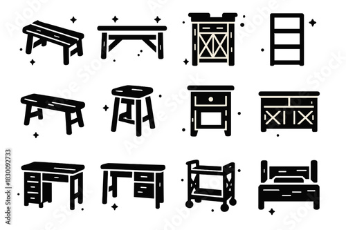 Upcycled Furniture Icons. Upcycled furniture with salvaged wood. Solid icons set of Upcycled furniture with salvaged wood: coffee table, console table,