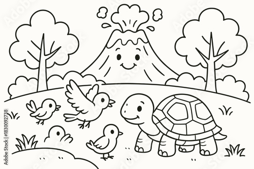 Volcano Wildlife Coloring. Animals near volcanoes children?s coloring book illustration, outlined drawing, birds and a tortoise on safe ground with a distant