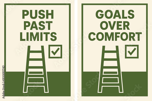 Push Past Limits. Push past limits. Two vertical A6 banners with safe margins, centered composition, no elements touching edges, geometric, olive green and