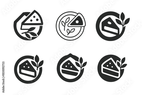 Quiche Delight Logos. Brunch delight. Set Logo of Brunch delight: plate with quiche slice and herbs. harmonious logo variations of the same emblematic concept,