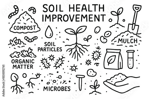 Soil Health Illustration. Soil health improvement. Hand-drawn doodle illustration Soil health improvement compost pile, worms, roots, spade, soil particles,