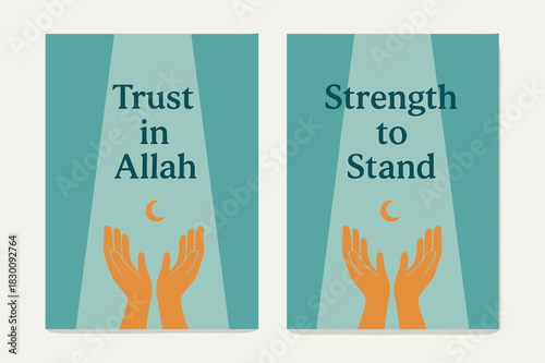 Trust and Strength Banners. Trust in Allah. Two vertical A6 banners with safe margins, centered composition, no elements touching edges, minimal, turquoise and