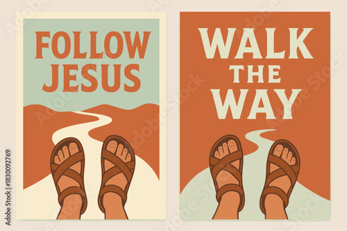 Follow Jesus Banners. Discipleship. Two vertical A6 banners with safe margins, centered composition, no elements touching edges, retro, terracotta and mint,