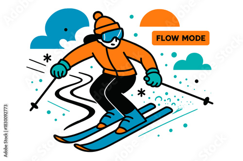 Carving S-Turns. Carving Perfect S-Turns. Edges bite and release, tracing a rhythmic S across the slope. A tiny banner reads ?Flow Mode? as snow swirls around.