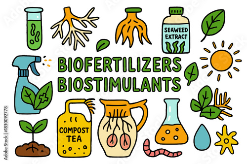 Biofertilizers Doodle. Biofertilizers and biostimulants. Colorful Hand-drawn doodle Children illustration Biofertilizers and biostimulants microbial vial,