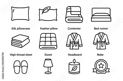 Luxury Bedding Icons. Luxury Bedding. Line icon set of Luxury Bedding: silk pillowcase, feather pillow, comforter, bed runner, high thread sheet, duvet,
