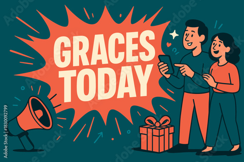 Dynamic Event Banner. Graces Today banner, flat vector illustration, bold oversized text inside splash explosion banner, cartoon characters standing and