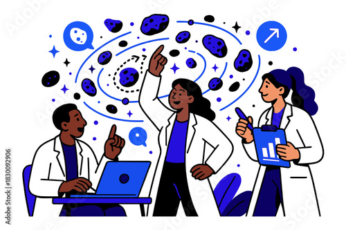 Asteroid Research Teamwork. Asteroid belt studies. Space research team discussing asteroid belt study results with abstract floating orbit lines, asteroids,