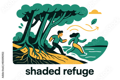 Riverbank Serenity. River Ecosystem ? Riverbank Forest. Tall trees lean over the water; roots weave into soil layers with fine lines. Caption ?shaded refuge?.