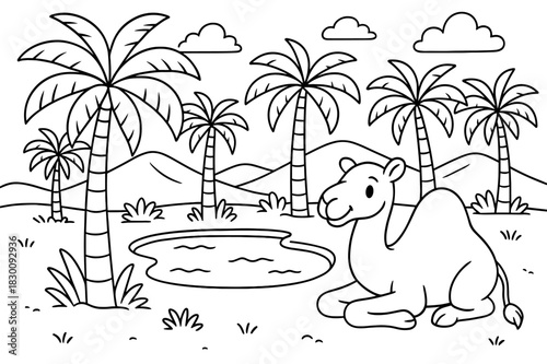 Desert Oasis Coloring. Palm oasis in the desert children?s coloring book illustration, outlined drawing, palm trees surrounding a small pond with a camel
