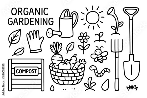 Organic Gardening Doodles. Organic gardening. Hand-drawn doodle illustration organic gardening compost bin, watering can, gloves, leaf, vegetable basket,