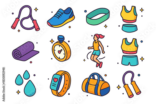 Colorful Jumping Icons. Jumping exercise. Colorful isometric vector icons set of jumping exercise: skipping rope, sneakers, sweatband, water bottle, gym mat,