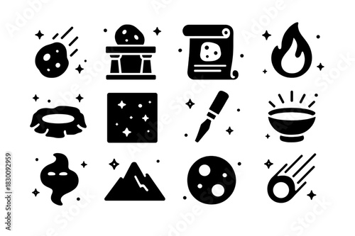 Ancient Meteorites Icons. Ancient meteorites and myths. Solid icons set of Ancient meteorites and myths: glowing stone, temple altar, ancient scroll, flame